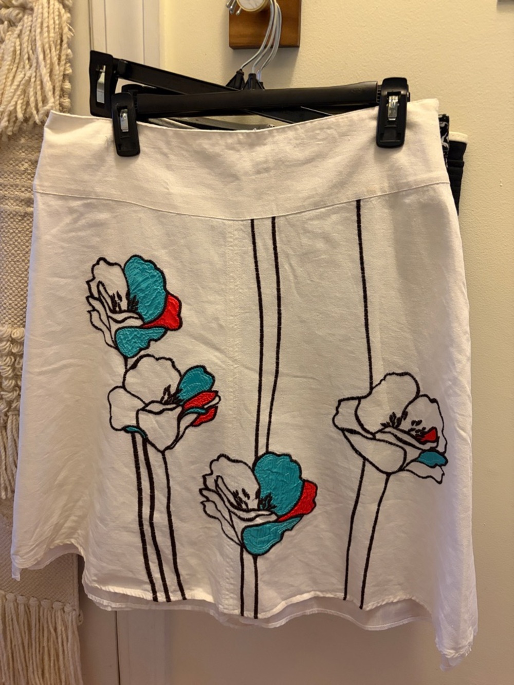White A-Line Skirt with Teal & Red Floral Embroidery